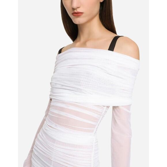 Dolce & Gabbana Tulle Midi Dress 44/ US 8 White Sheer Off The Shoulder NWT $2595 - Picture 4 of 12